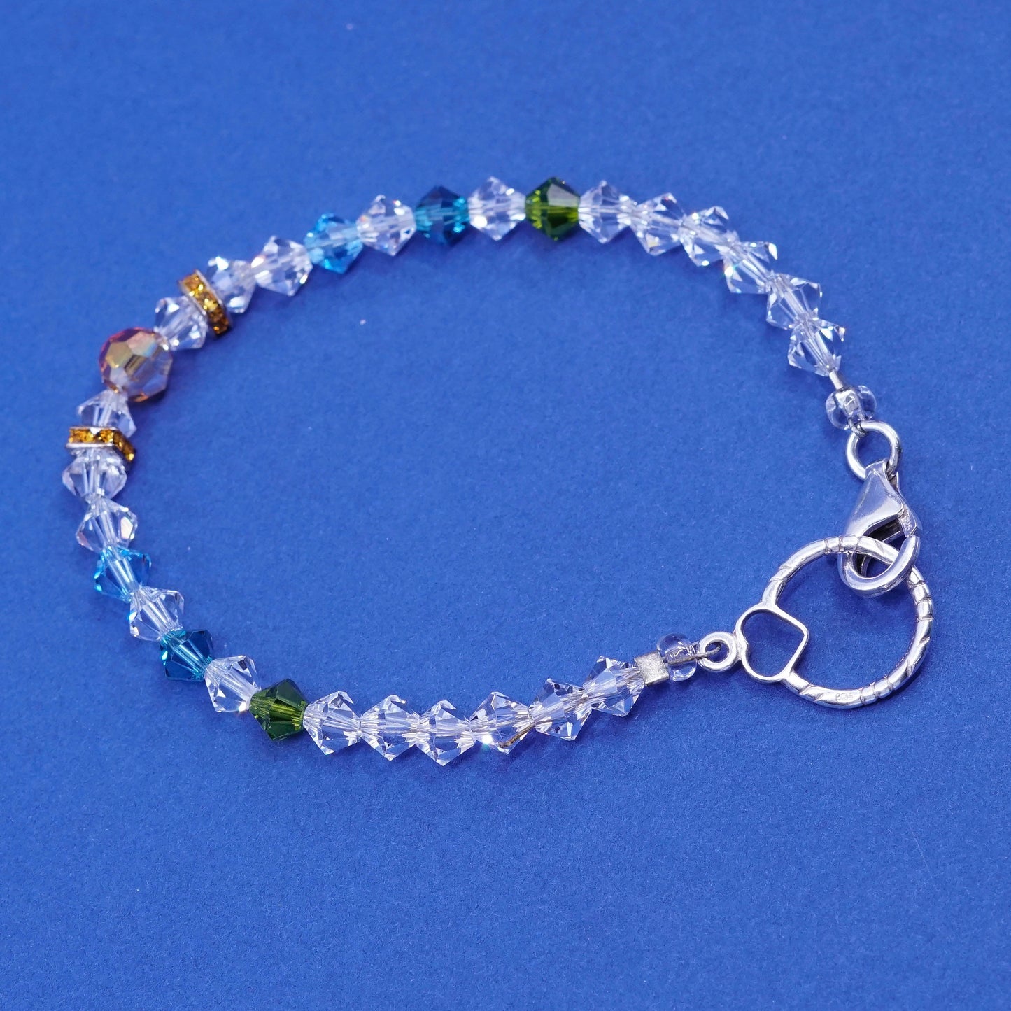 6.75”, Sterling 925 silver handmade bracelet with colorful Swarovski crystal
