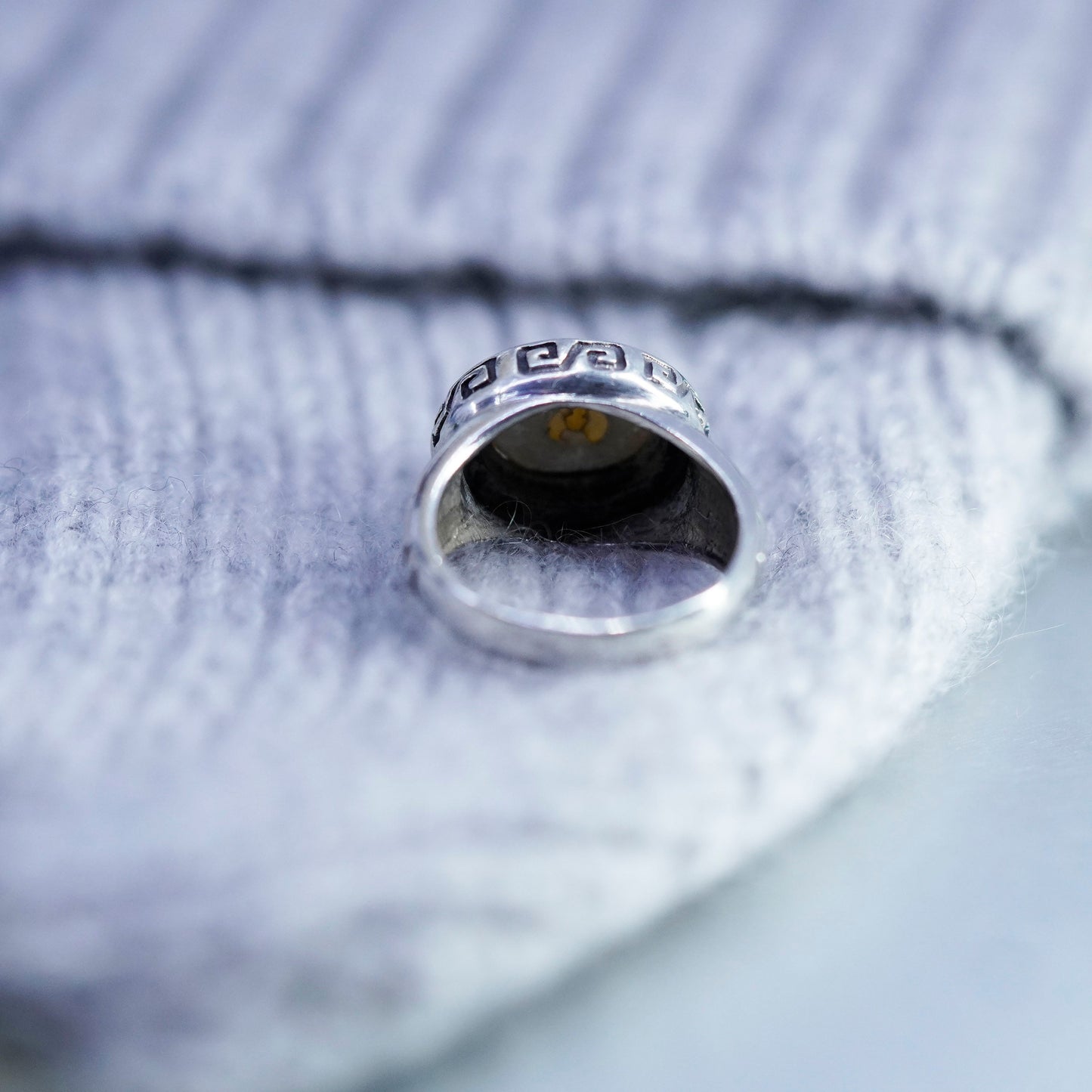 Size 5.5, vintage Sterling 925 silver handmade ring with faux pearl Greek key
