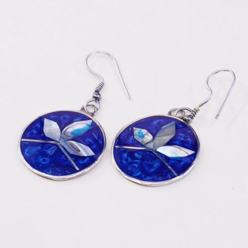 Vtg Mexico Alpaca Silver Handmade Earrings, Round Enamel Disc W/ Mop Flower
