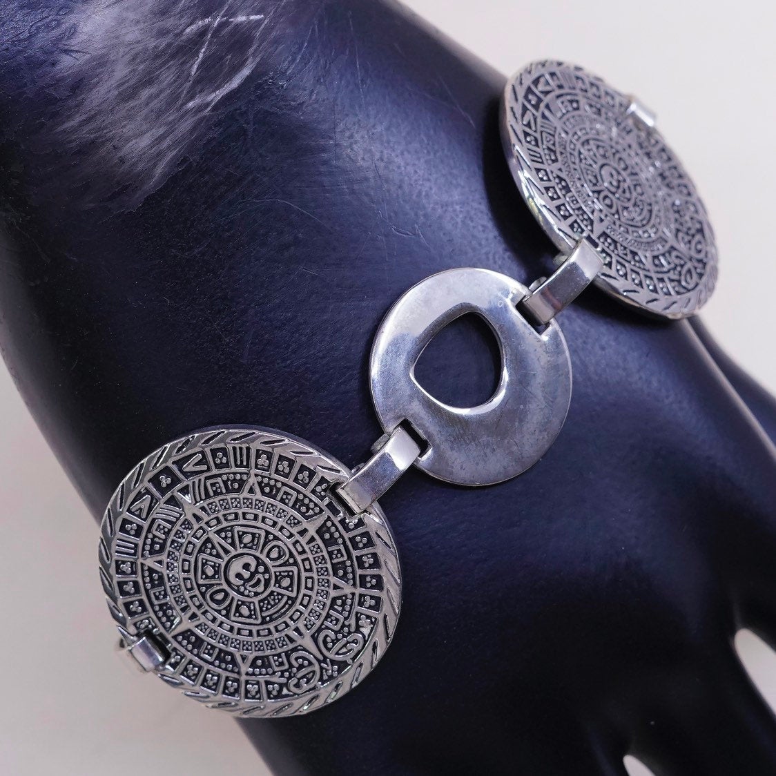 7.5”, VTG Sterling silver handmade bracelet, 925 Aztec perpetual calendar links