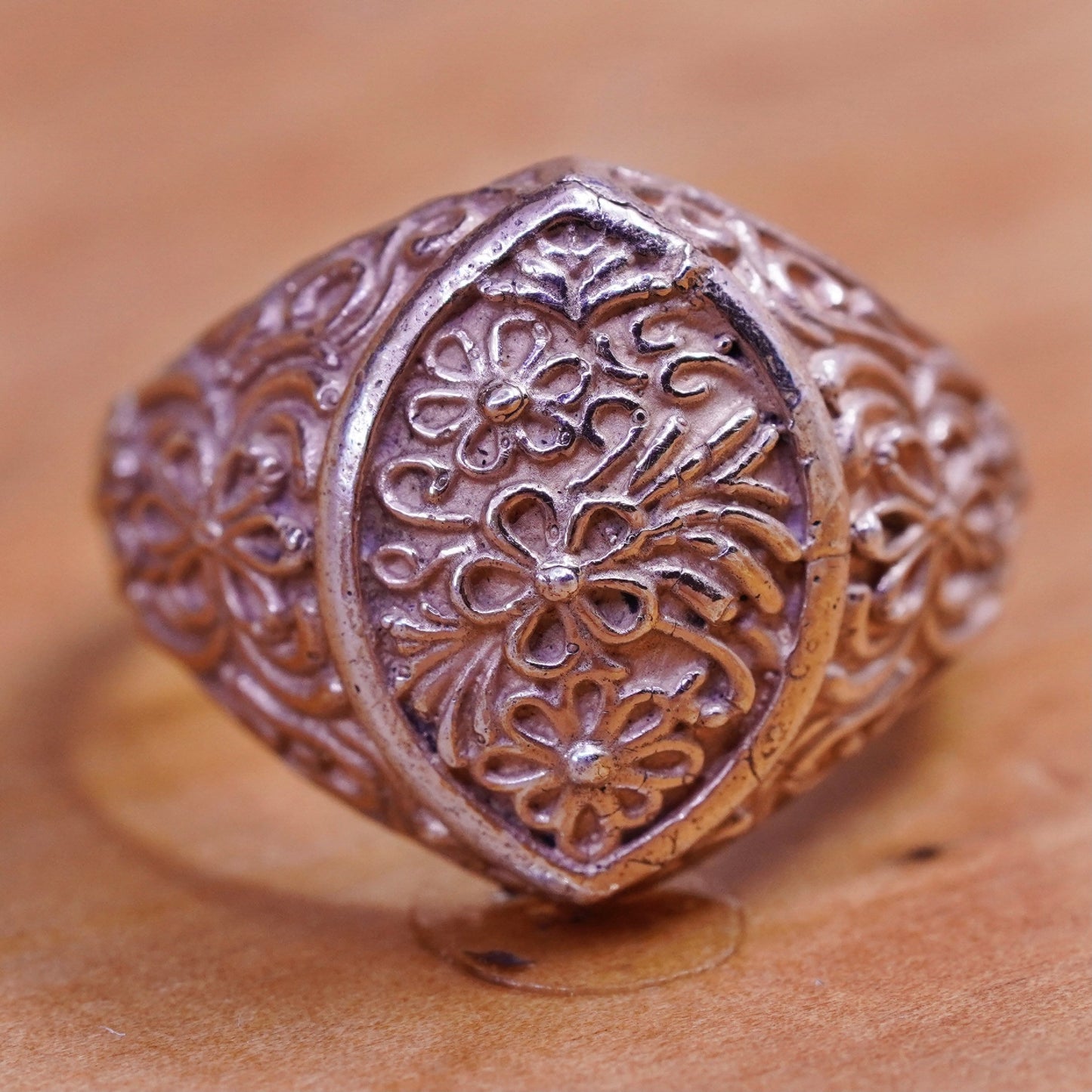 size 9.25, Native American vermeil gold over handmade ring, flower 925 band