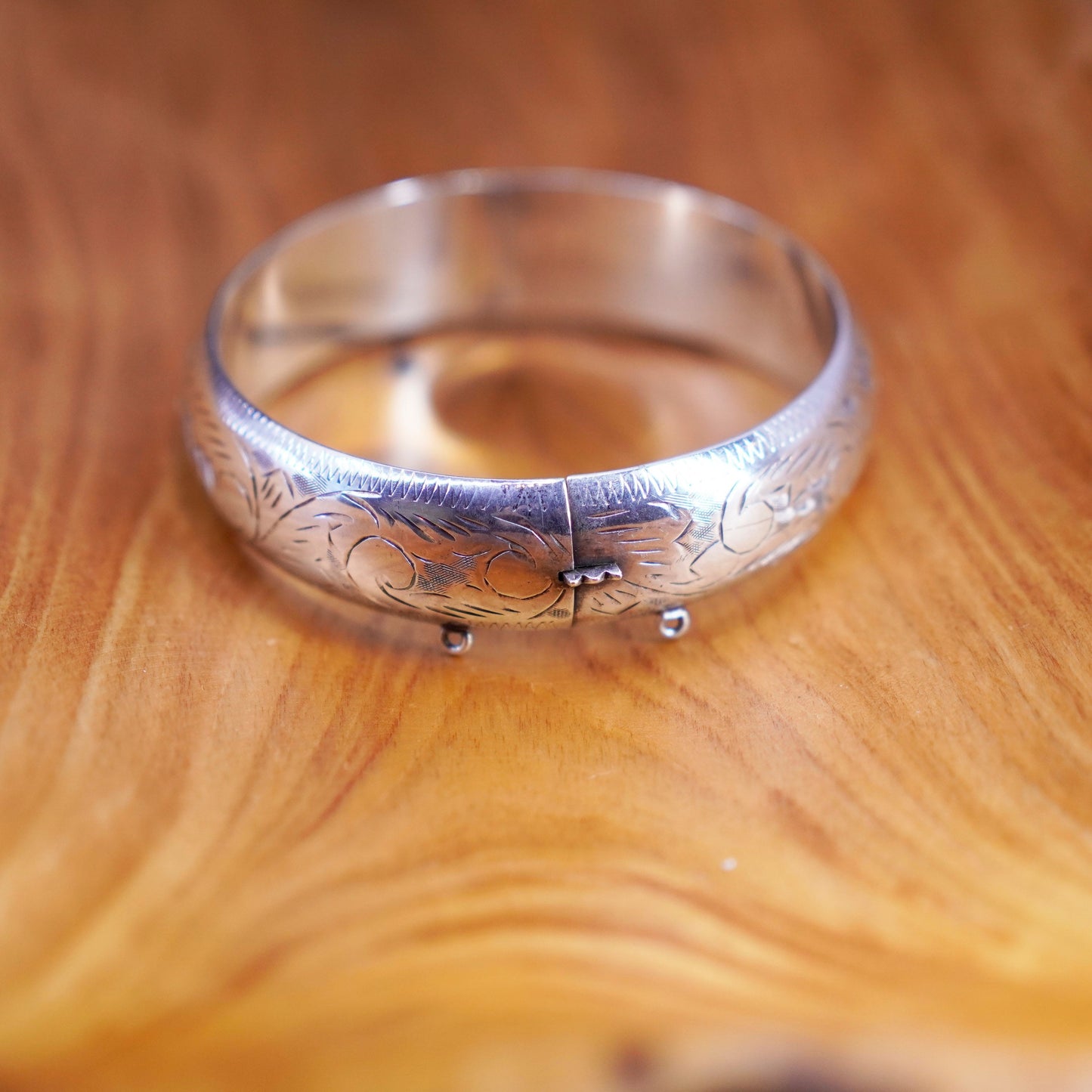 7.25”, Vintage Sterling silver handmade bracelet, textured 925 hinged bangle