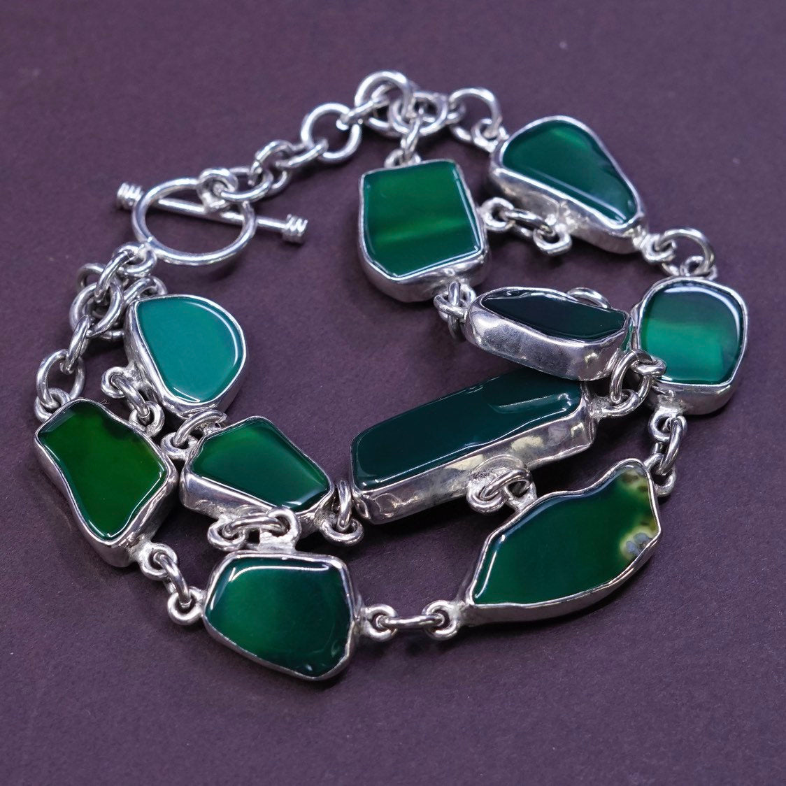 5.75", vtg Sterling silver handmade double strands jade nugget bracelet