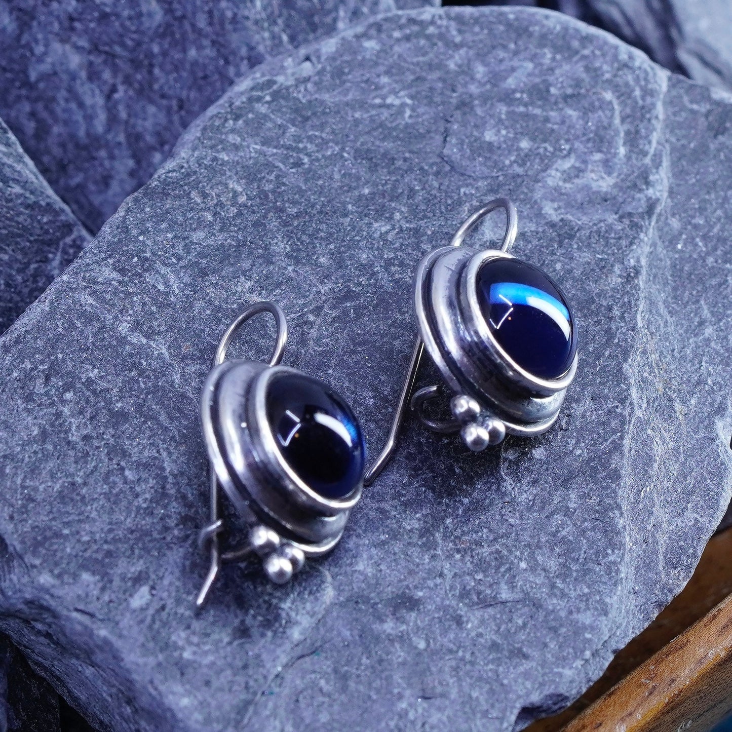 Vintage Sterling silver handmade earrings, M Fain 925 circle with blue crystal