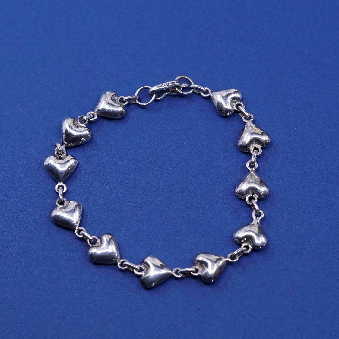 7.25", vtg Sterling silver handmade bracelet, 950 solid heart beads