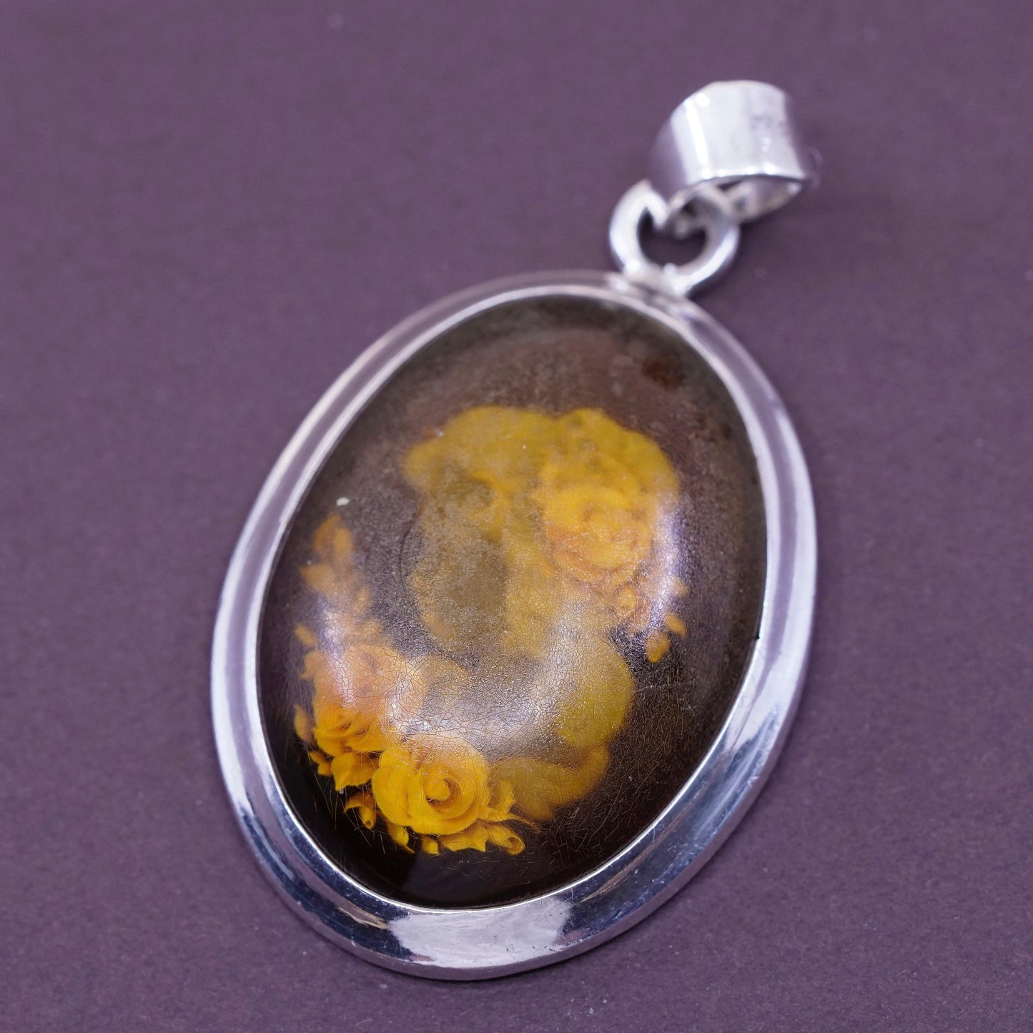Vintage Sterling 925 silver handmade pendant with Amber cameo portrait
