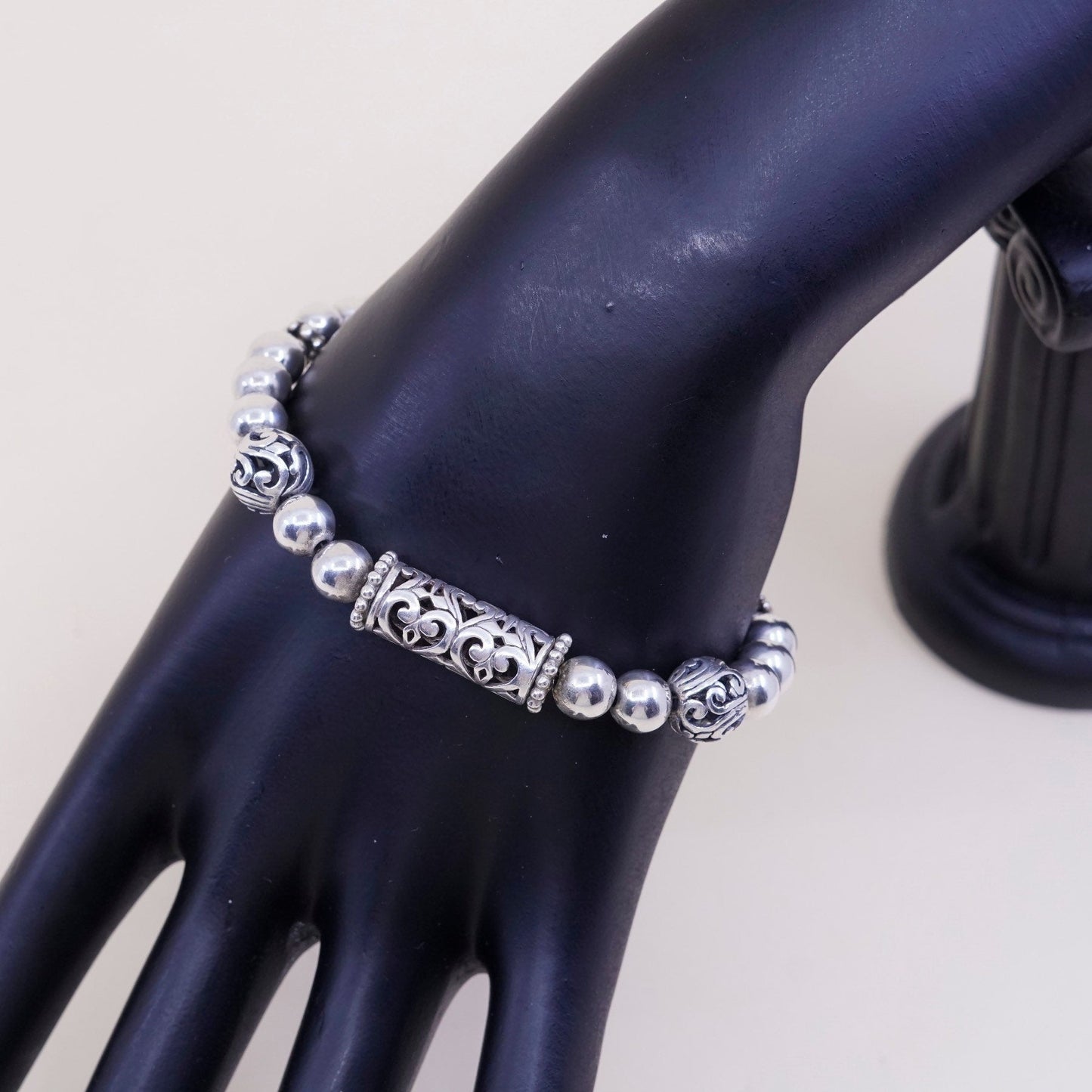 6.75”, vtg Sterling silver handmade bracelet, Mexico 925 Filigree bar w/ beads