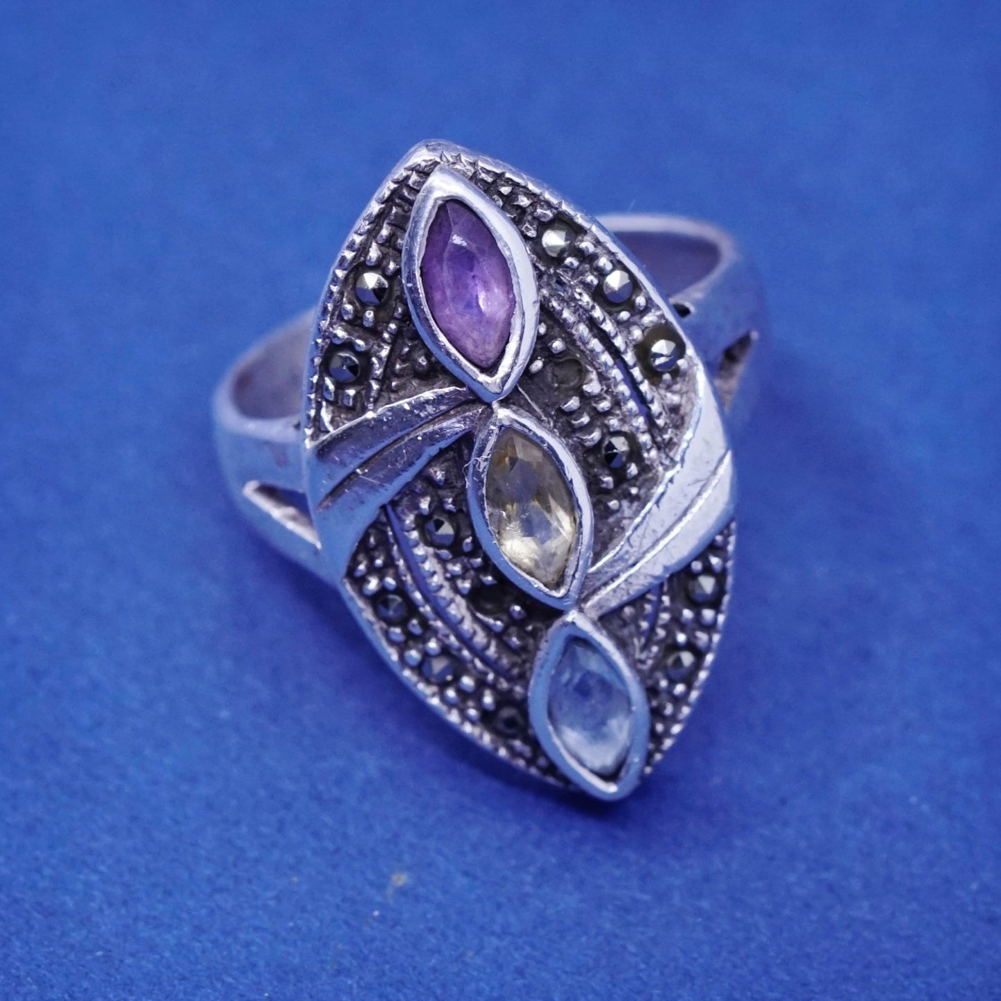 Size 7, THL Sterling 925 silver ring with amethyst topaz citrine marcasite