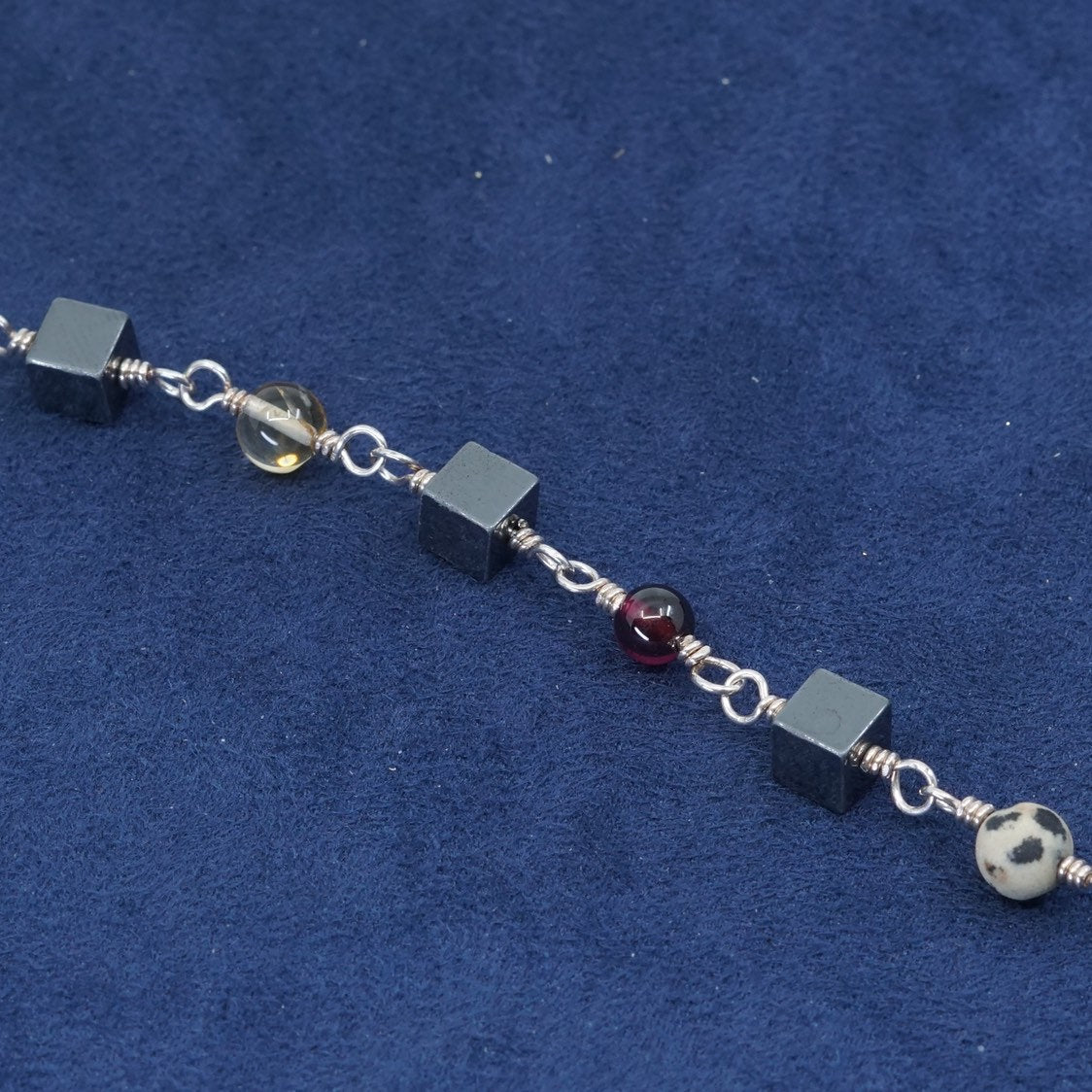 7.5", Sterling silver handmade bracelet, 925 circle chain w/ jasper N hematite