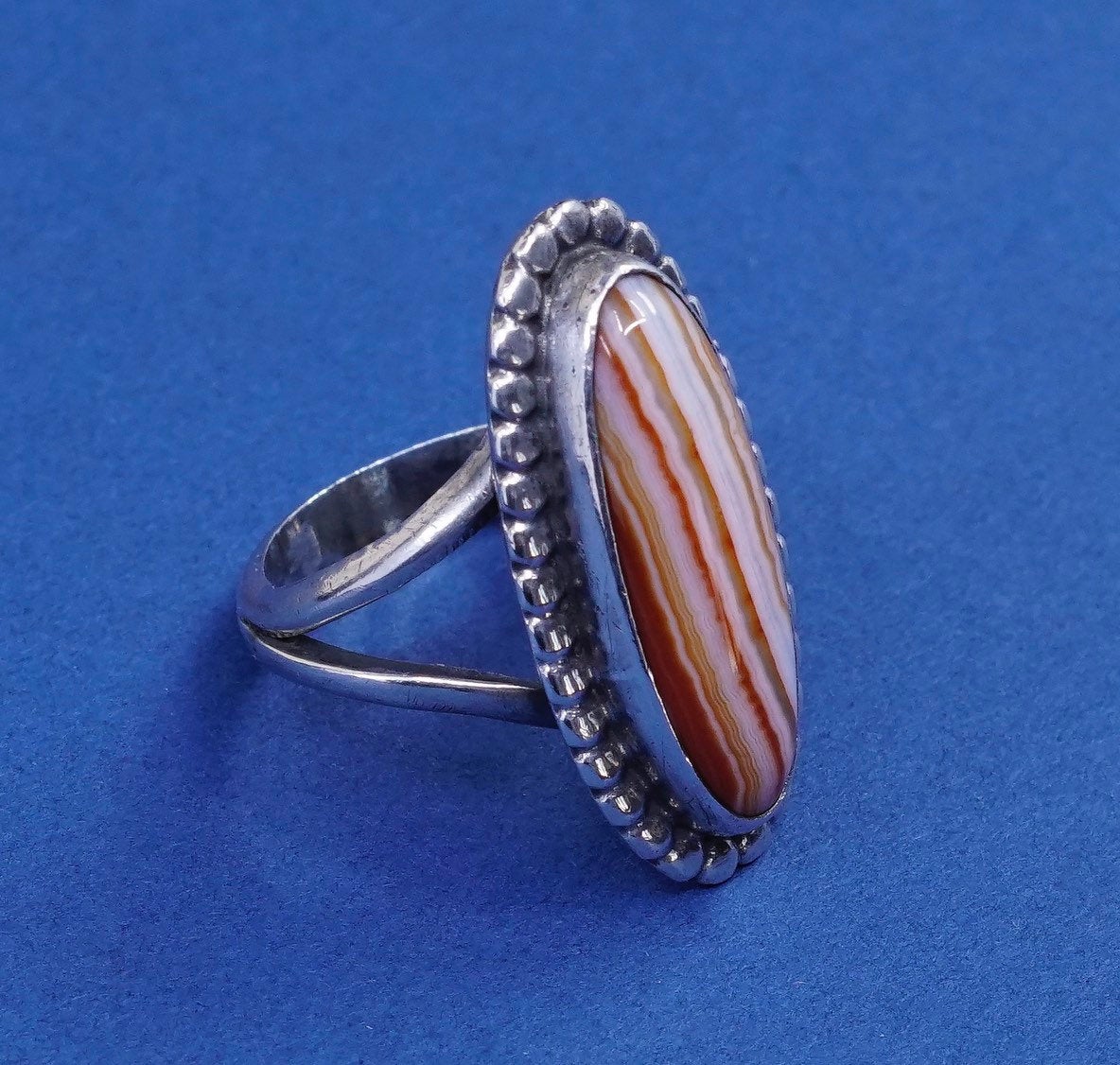 sz 6, vtg Sterling silver handmade ring, 925 w/ red lace agate N beads
