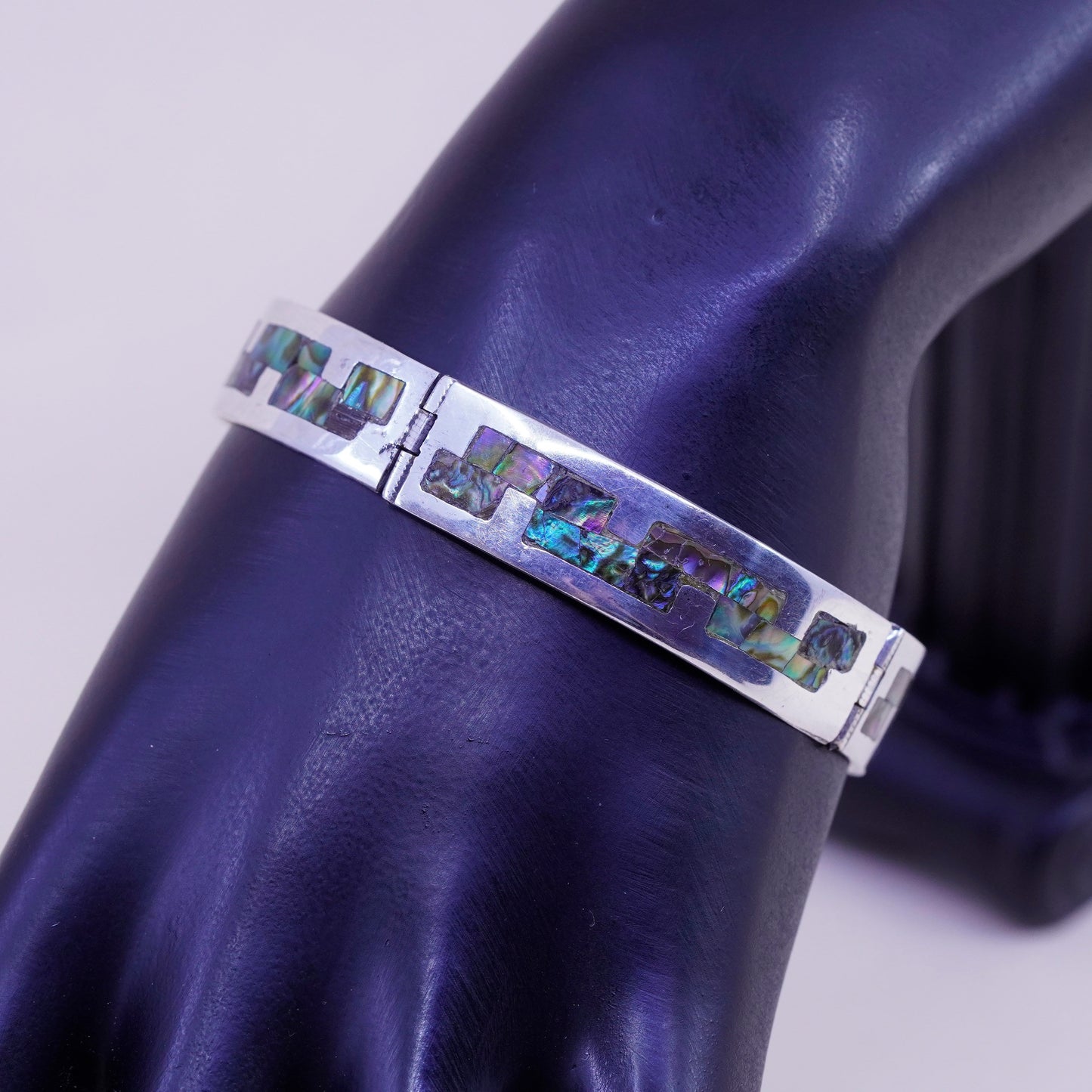 7”, vintage sterling silver handmade bracelet, 925 bar bangle with abalone