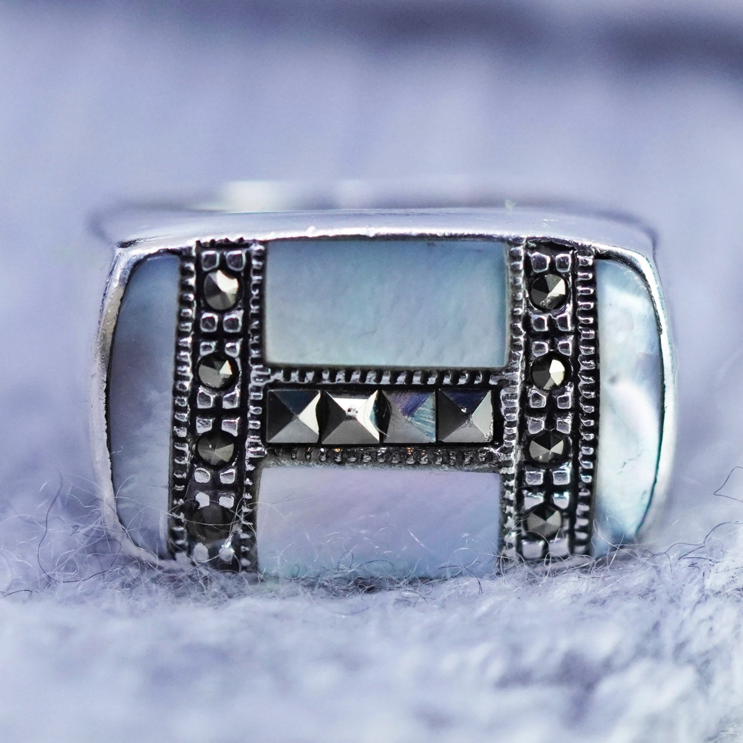 Size 5.75, Sterling 925 silver handmade ring with mother of pearl and marcasite