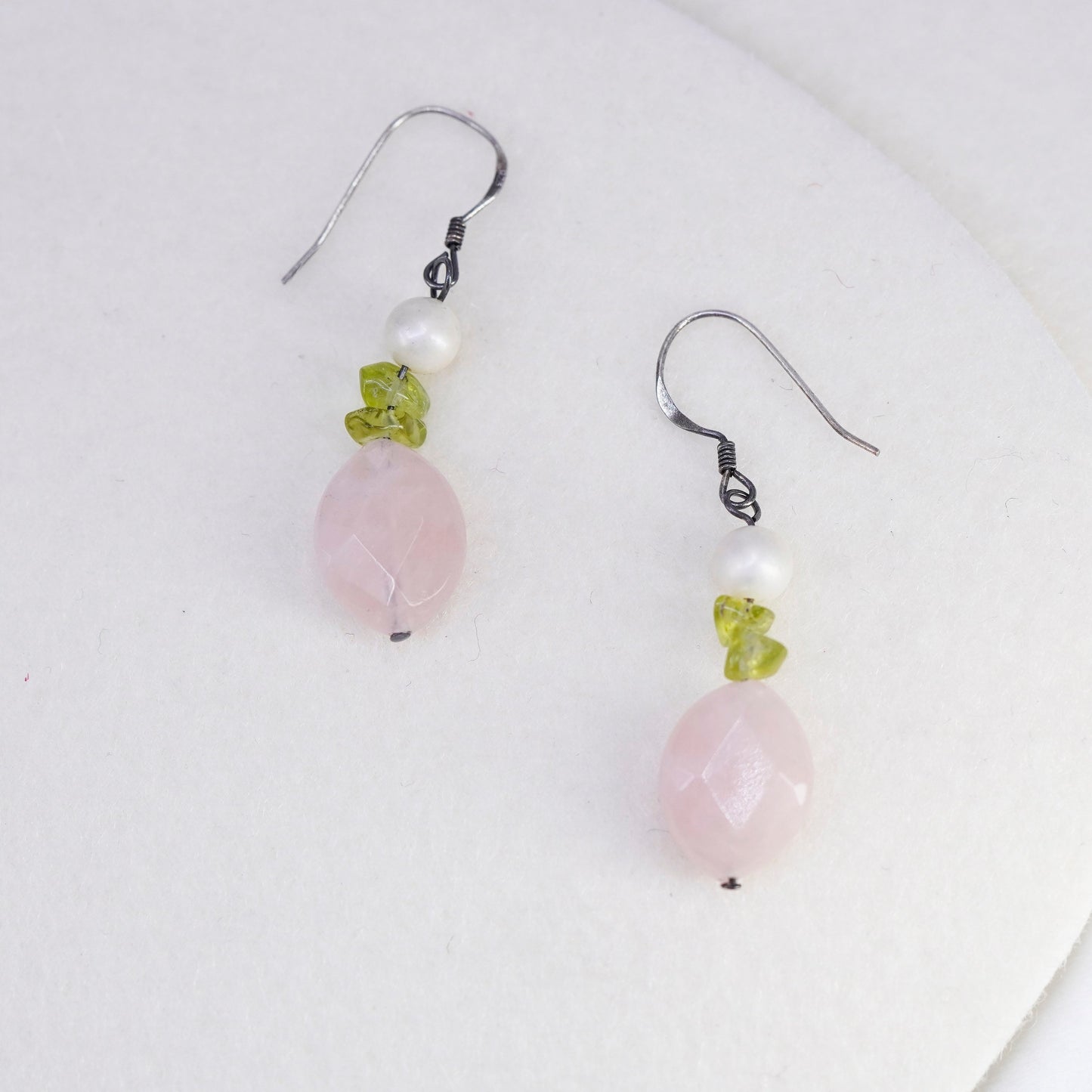 Vintage Sterling 925 silver handmade earrings with pink rose quartz