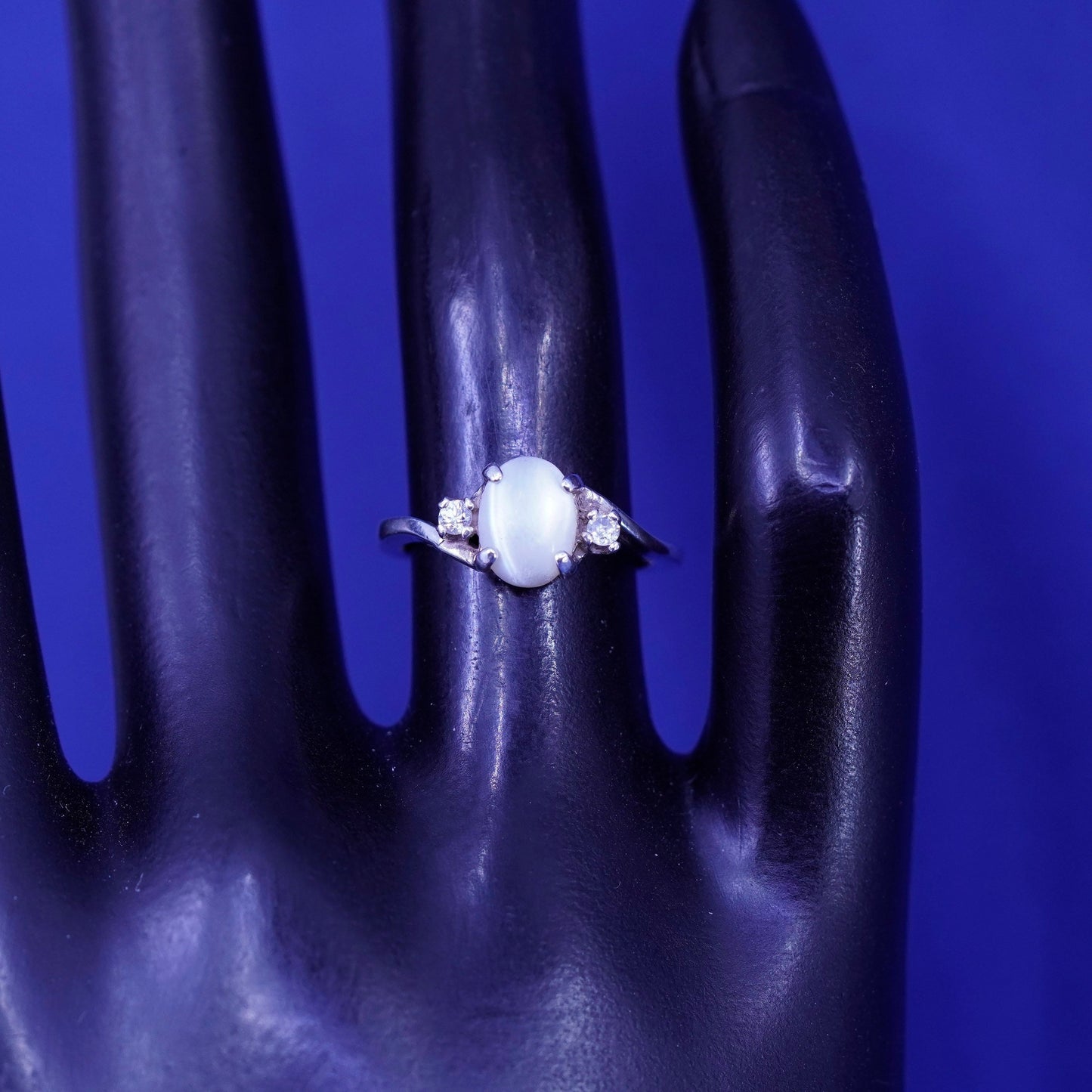 Size 4.75, vintage Sterling 925 silver handmade ring with moonstone and cz