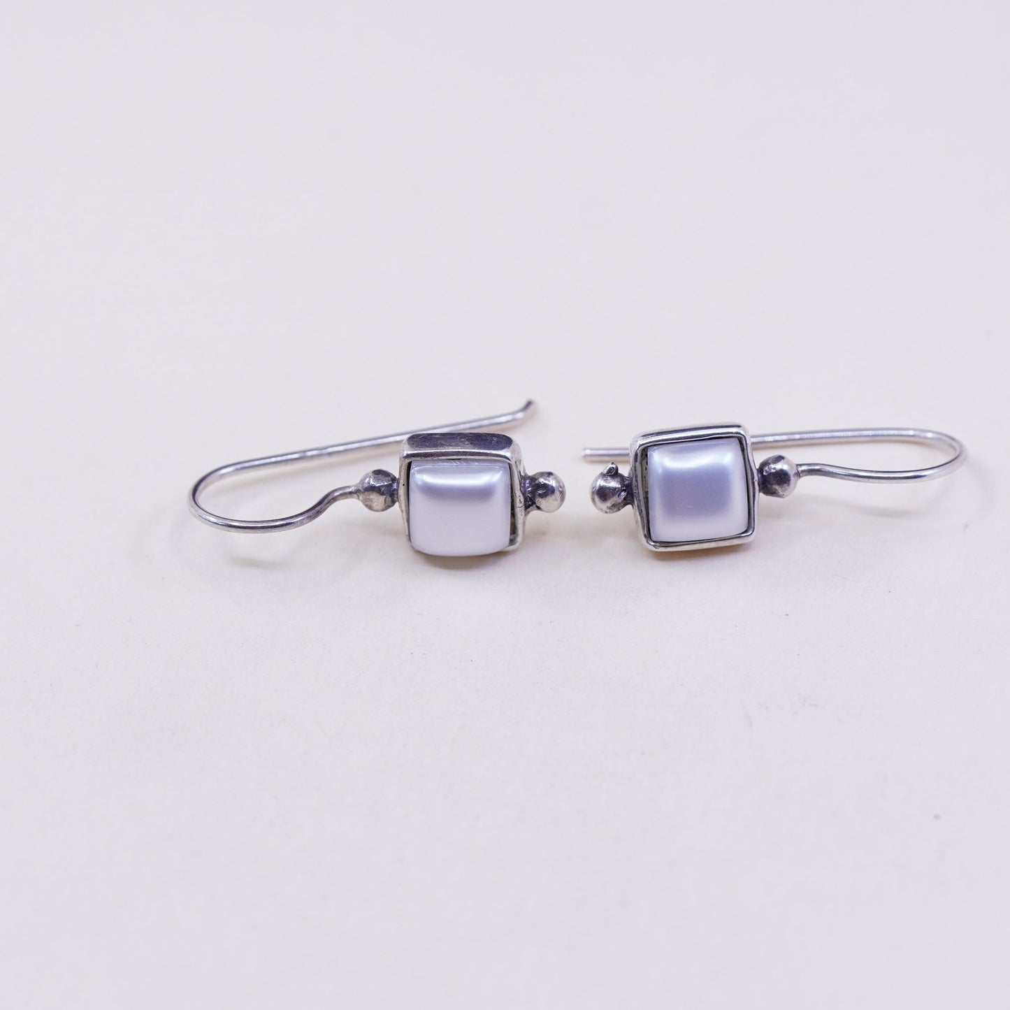 Vintage Sterling 925 silver handmade earrings with square pearl drops
