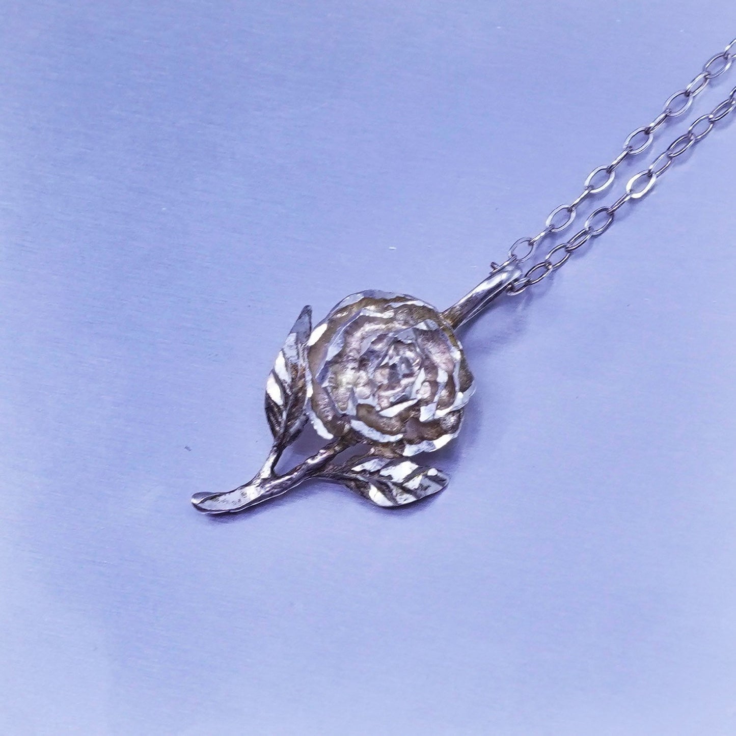 18”, vintage Sterling 925 silver handmade circle necklace flower rose pendant