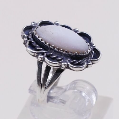 Sz 4.75, Vtg Navajo Sterling Silver Handmade Ring, 925 Silver Band W/ MOP inlay