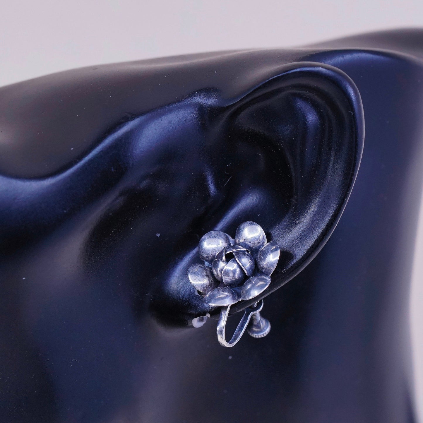 Vintage Sterling silver handmade earrings, 925 screw back flower