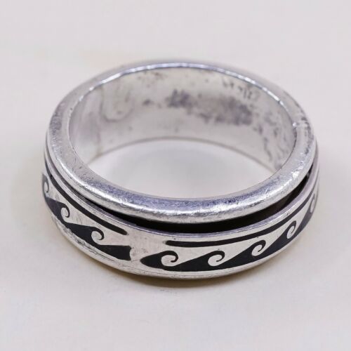Sz 8.5, Vtg Sterling Silver Handmade Ring, 925 Spinner Band W/ Wavy Pattern