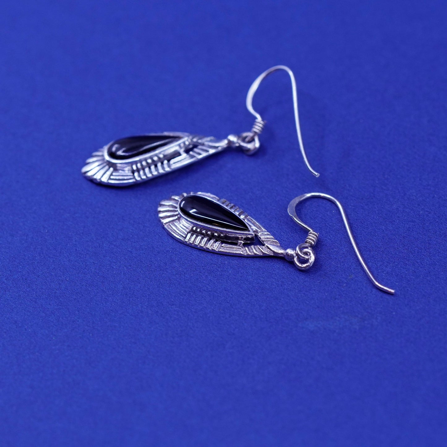 Vintage sterling 925 silver handmade earrings with teardrop obsidian