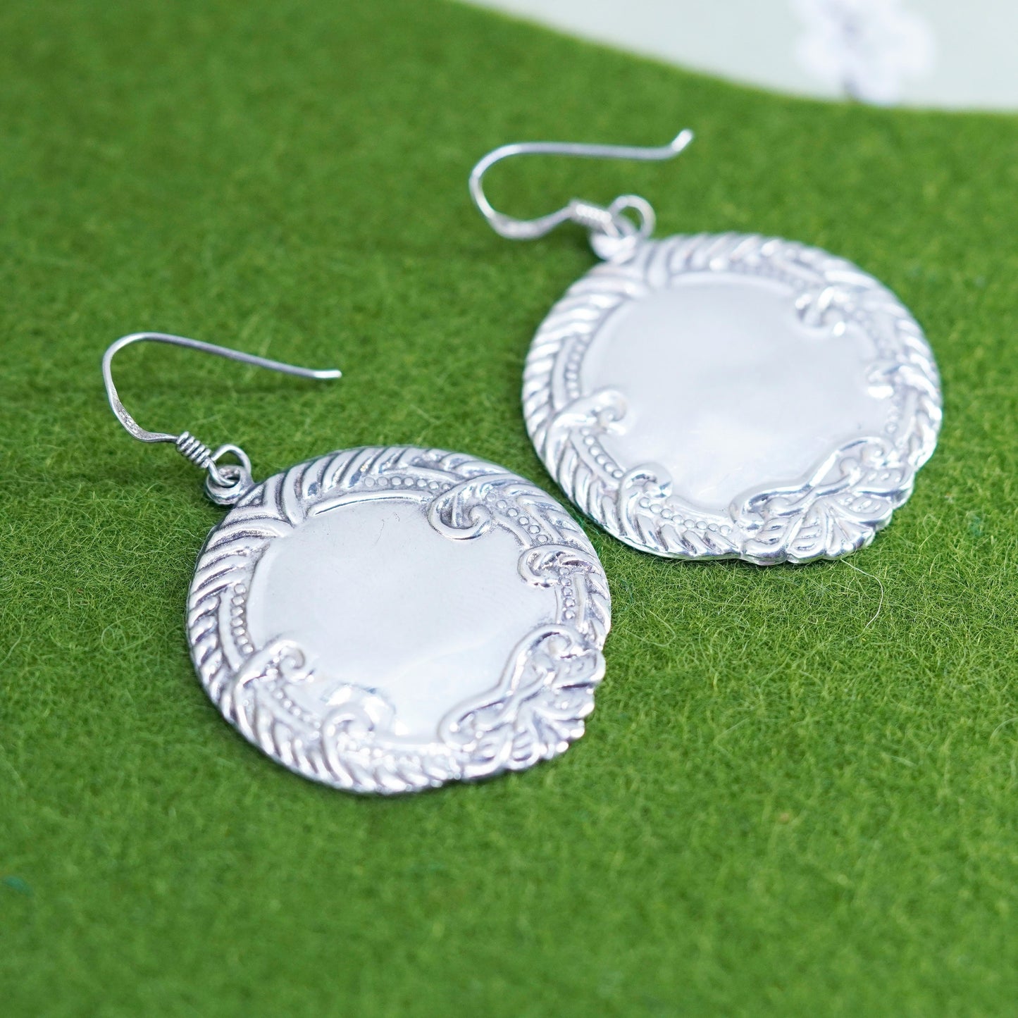 Vintage modern sterling silver handmade earrings, textured 925 tag dangles