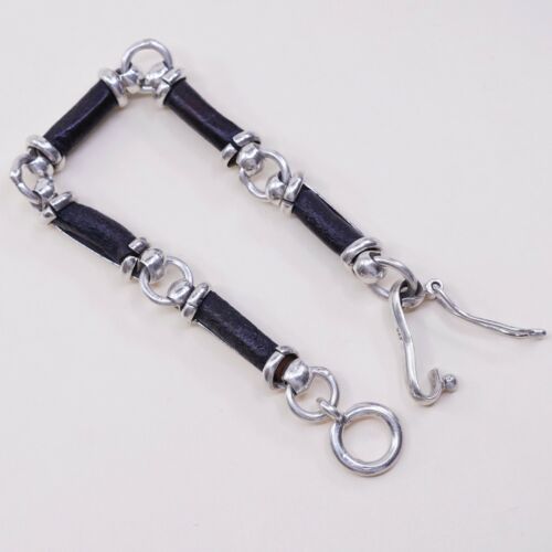 6.5”, Vtg Mexico Sterling 925 Silver Handmade Bracelet, Black Leather Link