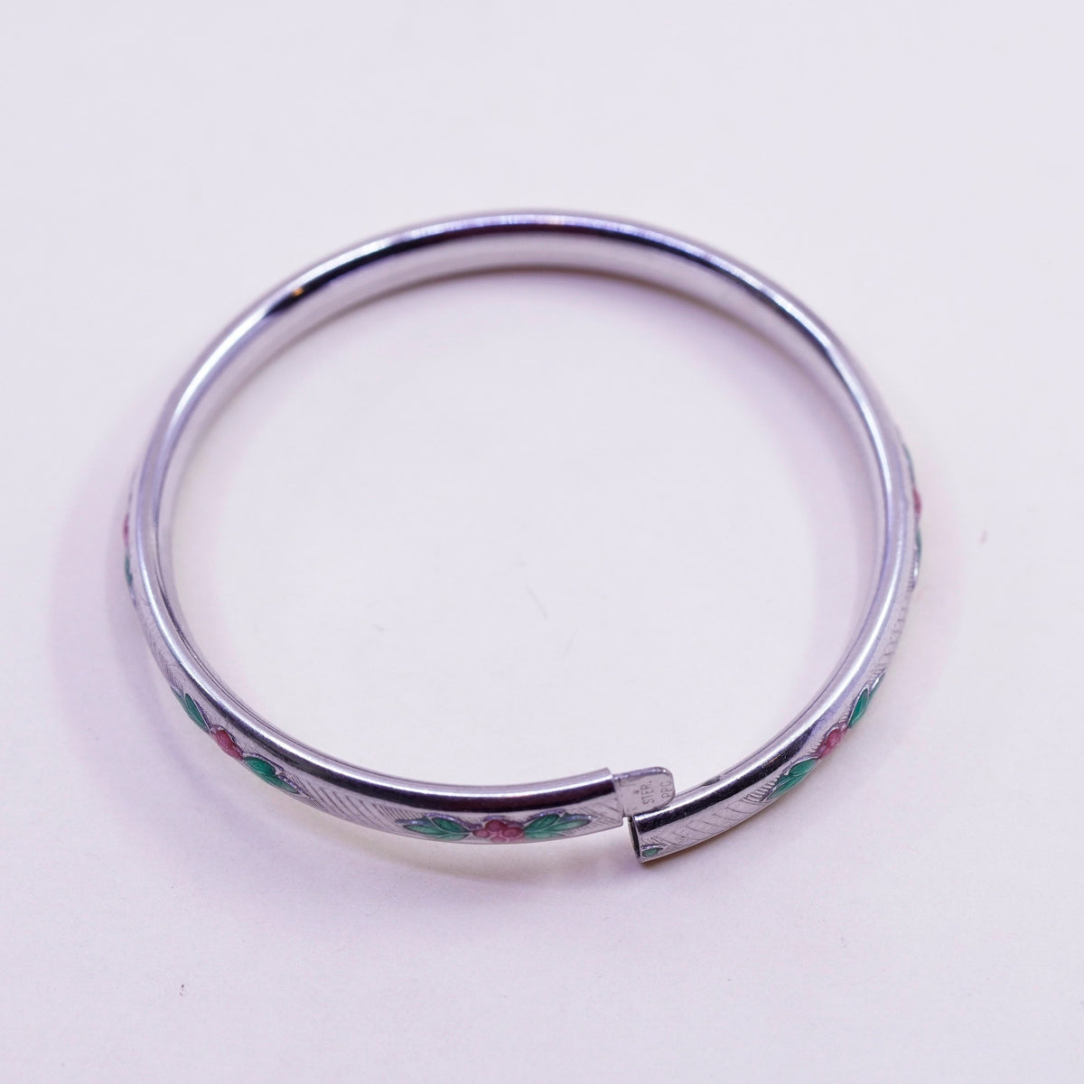 Size 5.25”, Sterling silver baby bracelet, Mexico 925 bangle enamel flower