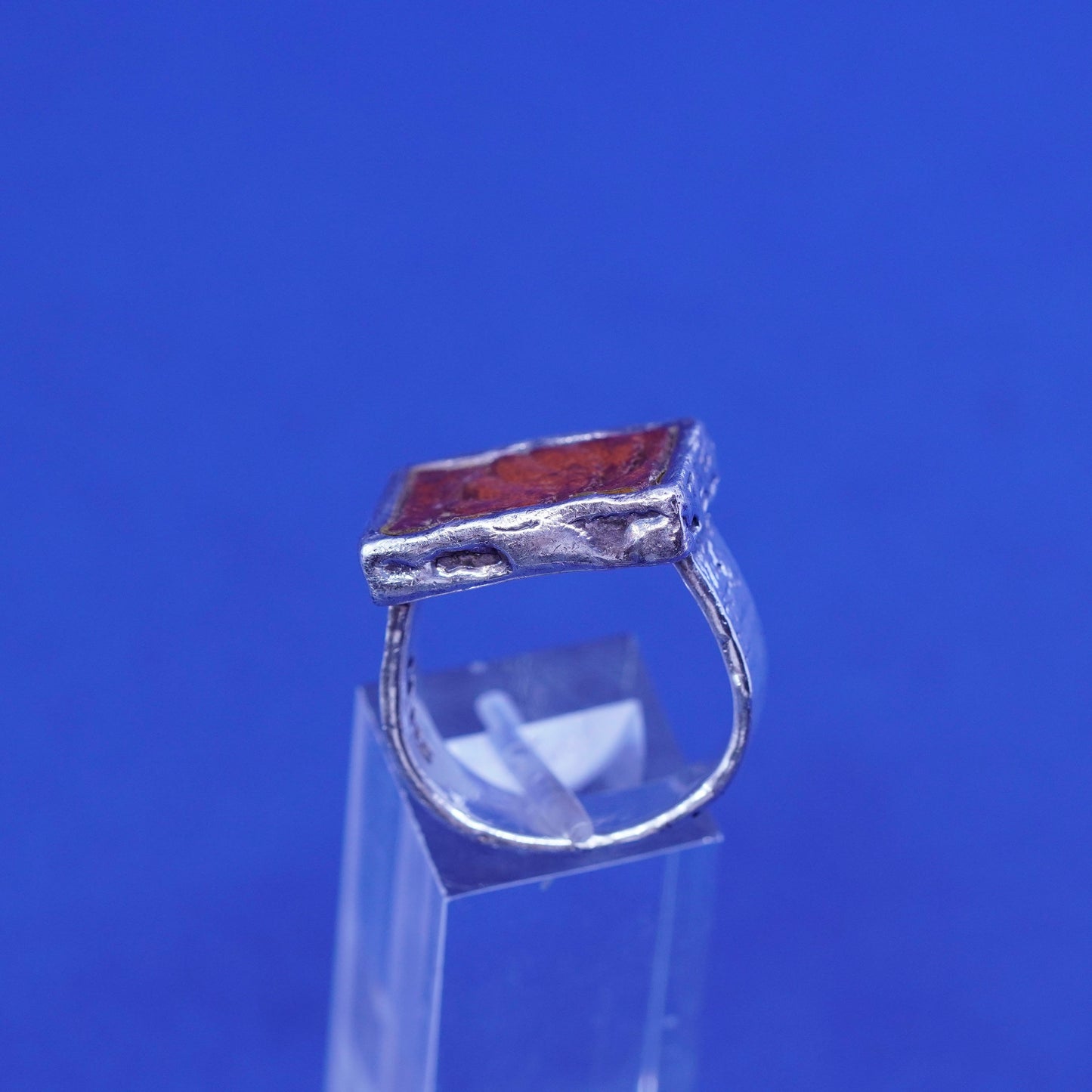 Size 8.5, Vintage Peyote Bird Sterling silver handmade ring, 925 square leather