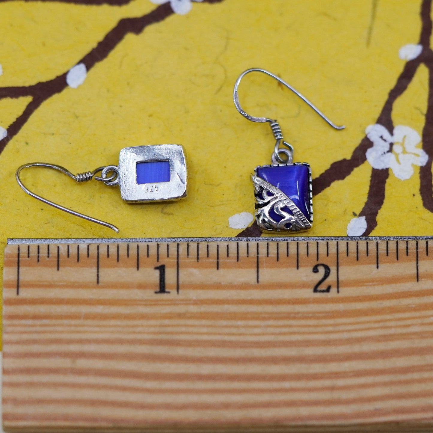 Vintage Sterling 925 silver handmade earrings with blue cat’s eye drops