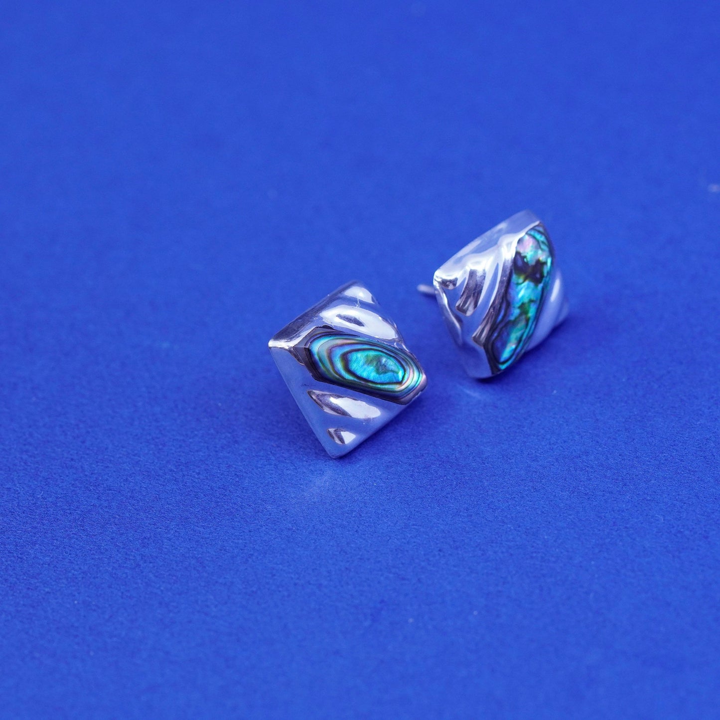Southwestern Sterling 925 silver handmade ribbed square studs earrings abalone