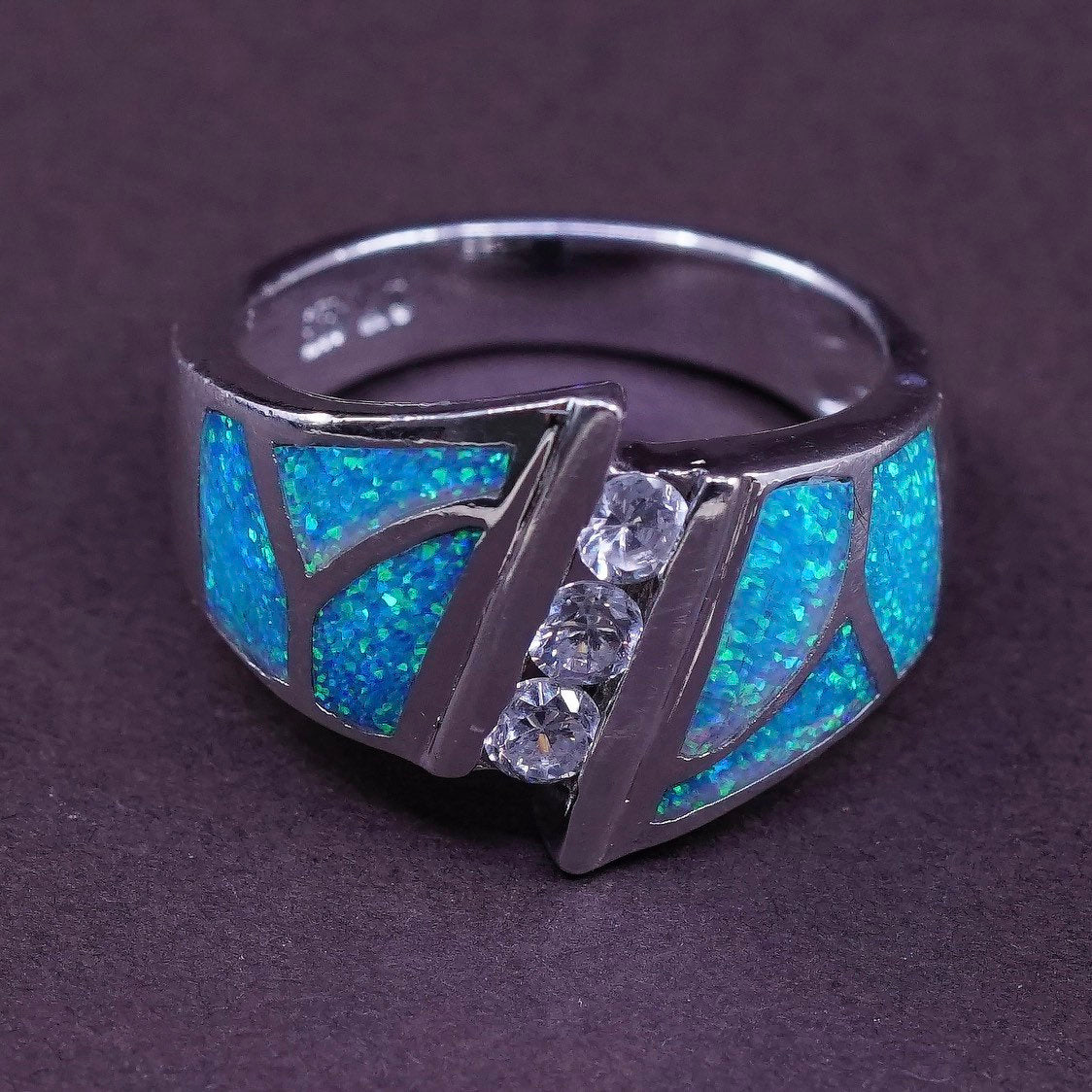 sz 6.5, vtg AK Sterling silver handmade ring, 925 band w/ fire opal and Cz