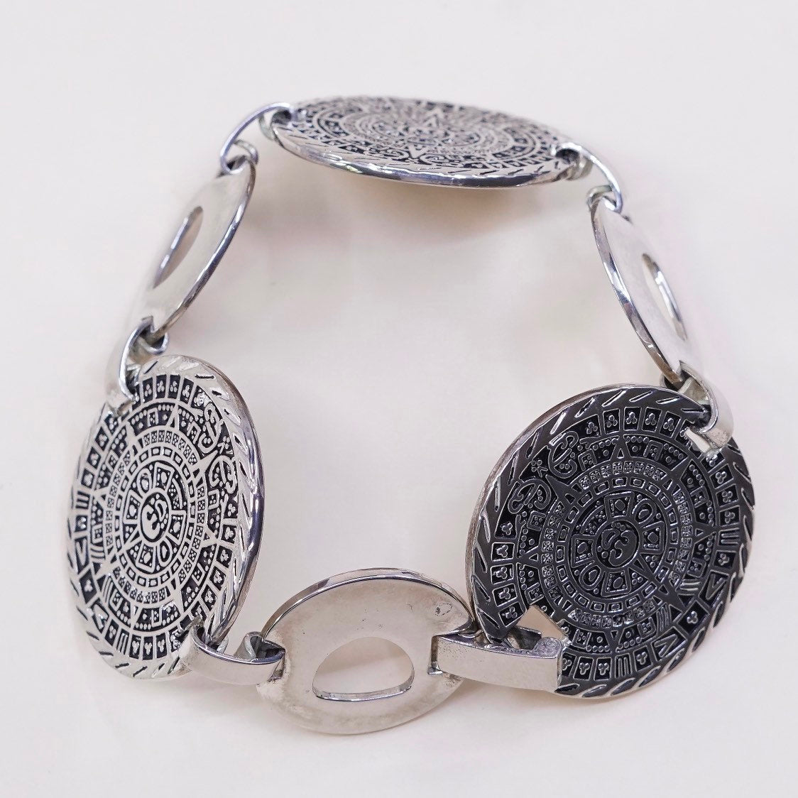 7.5”, VTG Sterling silver handmade bracelet, 925 Aztec perpetual calendar links