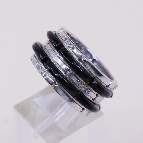 Sz 7.5, Vtg Sterling Silver Handmade Ring, 925 Silver Band W Obsidian Inlay