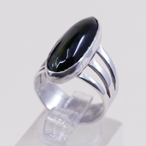 Sz 6, Vtg Handmade Sterling 925 Silver Ring W/ Black Tiger Eye, Silver Tested