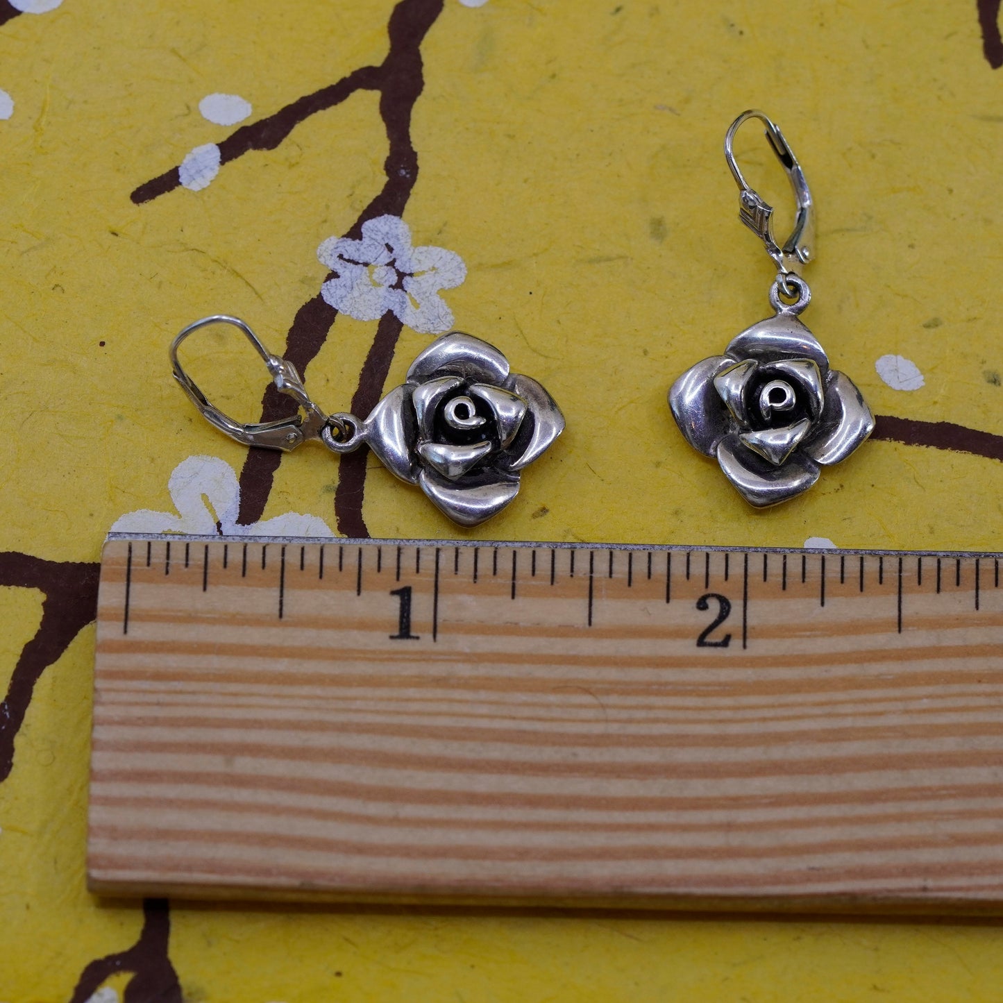 Vintage Sterling silver handmade earrings, 925 rose flower drops