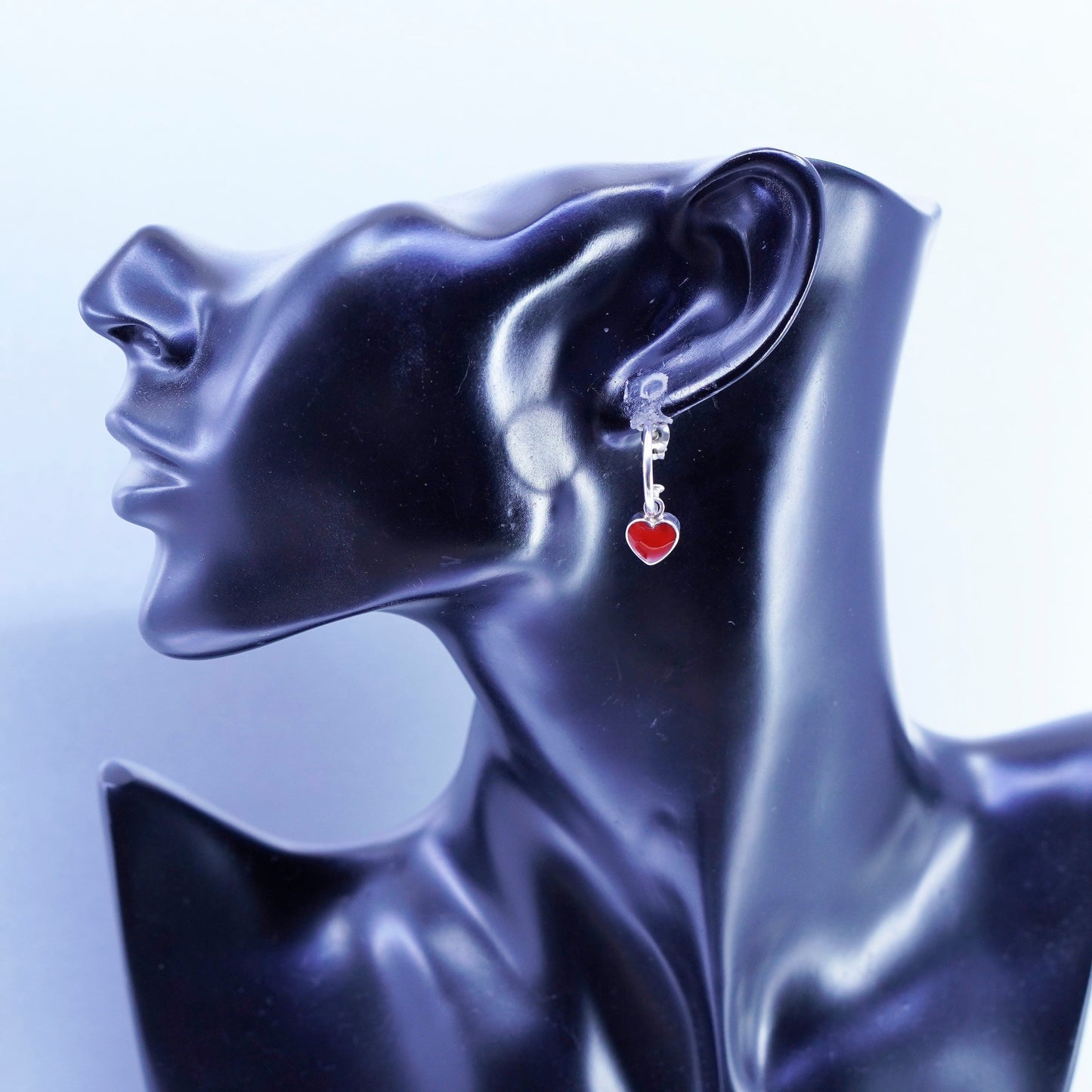 0.75”, two tone Sterling silver earrings, 925 hoops with onyx heart charms