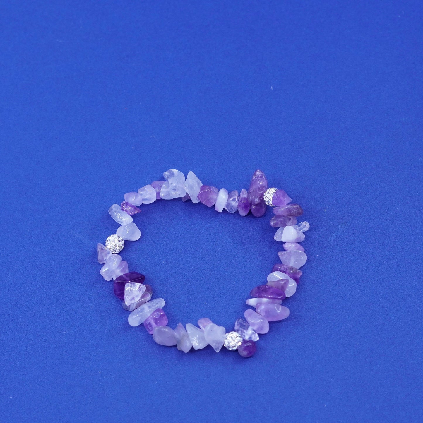 6.75”, Vintage handmade bracelet, elastic band with rose quartz and Cz beads