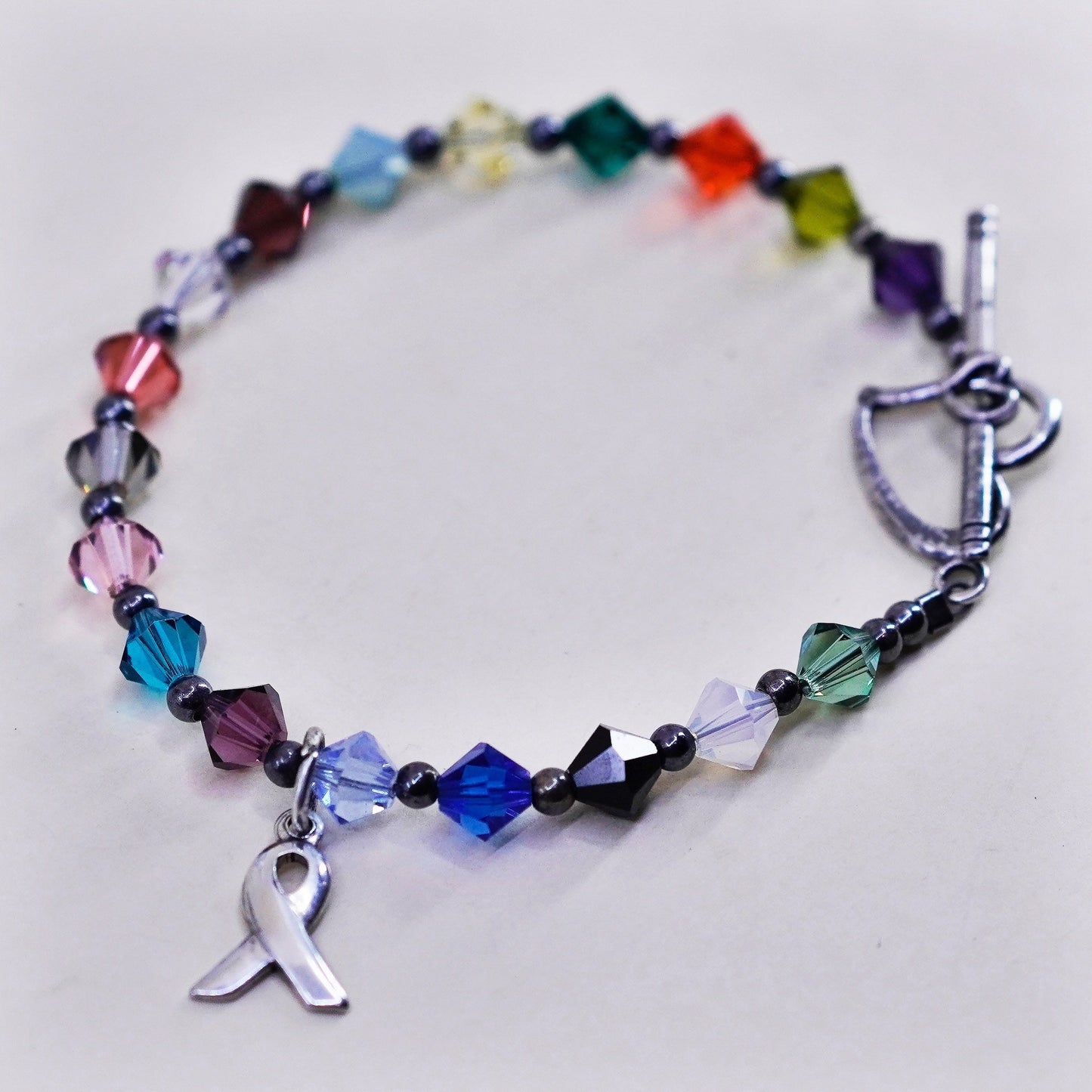 6.5”, Sterling 925 silver bracelet, colorful crystal breast cancer ribbon charm