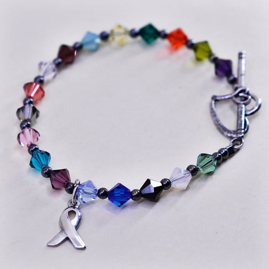 6.5”, Sterling 925 silver bracelet, colorful crystal breast cancer ribbon charm