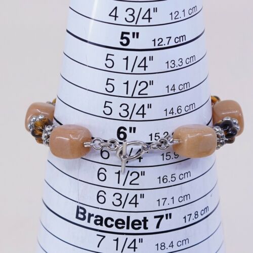 6”, Vtg Handmade Amber N Orange Gemstone Bracelet W/ Silver Tone Toggle Closure
