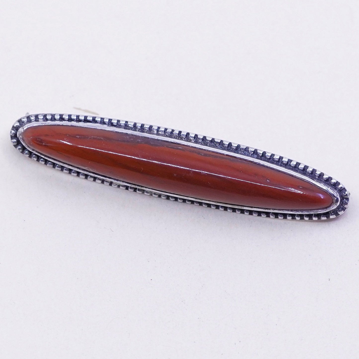Vintage sterling silver handmade brooch, 925 bar with jasper and beads around