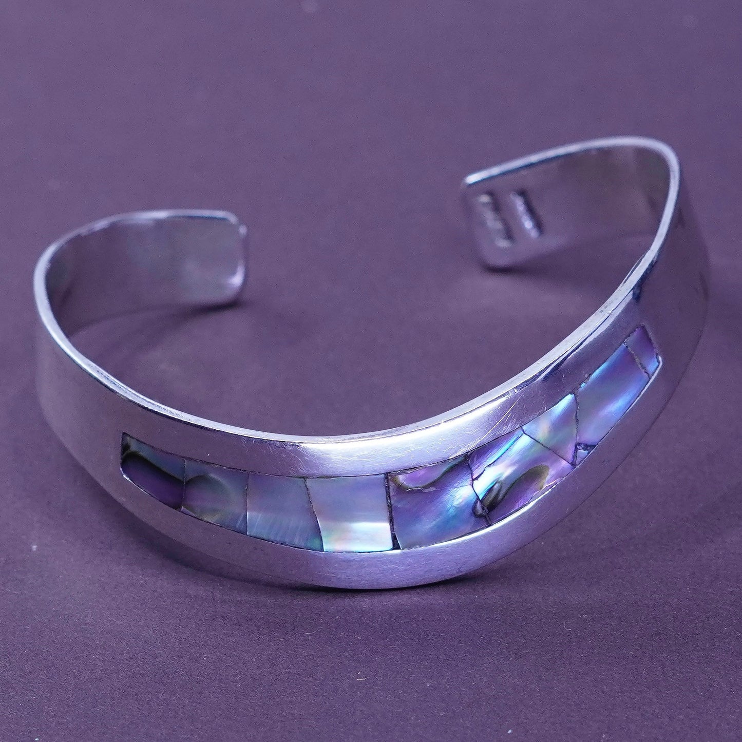 6.25”, Vintage handmade bracelet, alpaca silver with abalone Inlay