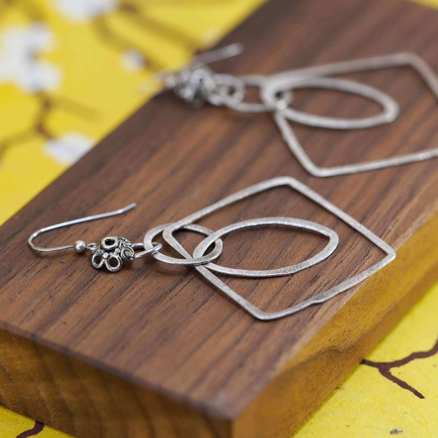 Vintage Sterling silver handmade earrings, matte 925 multi square dangle