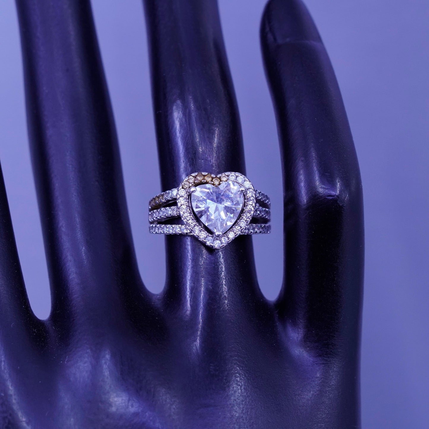 Size 5, vintage Sterling 925 silver handmade heart ring with cluster Cz