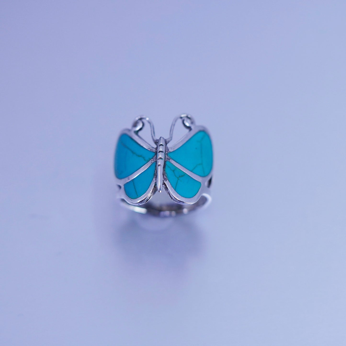 Size 7, vintage Sterling 925 silver handmade ring, butterfly band w/ turquoise