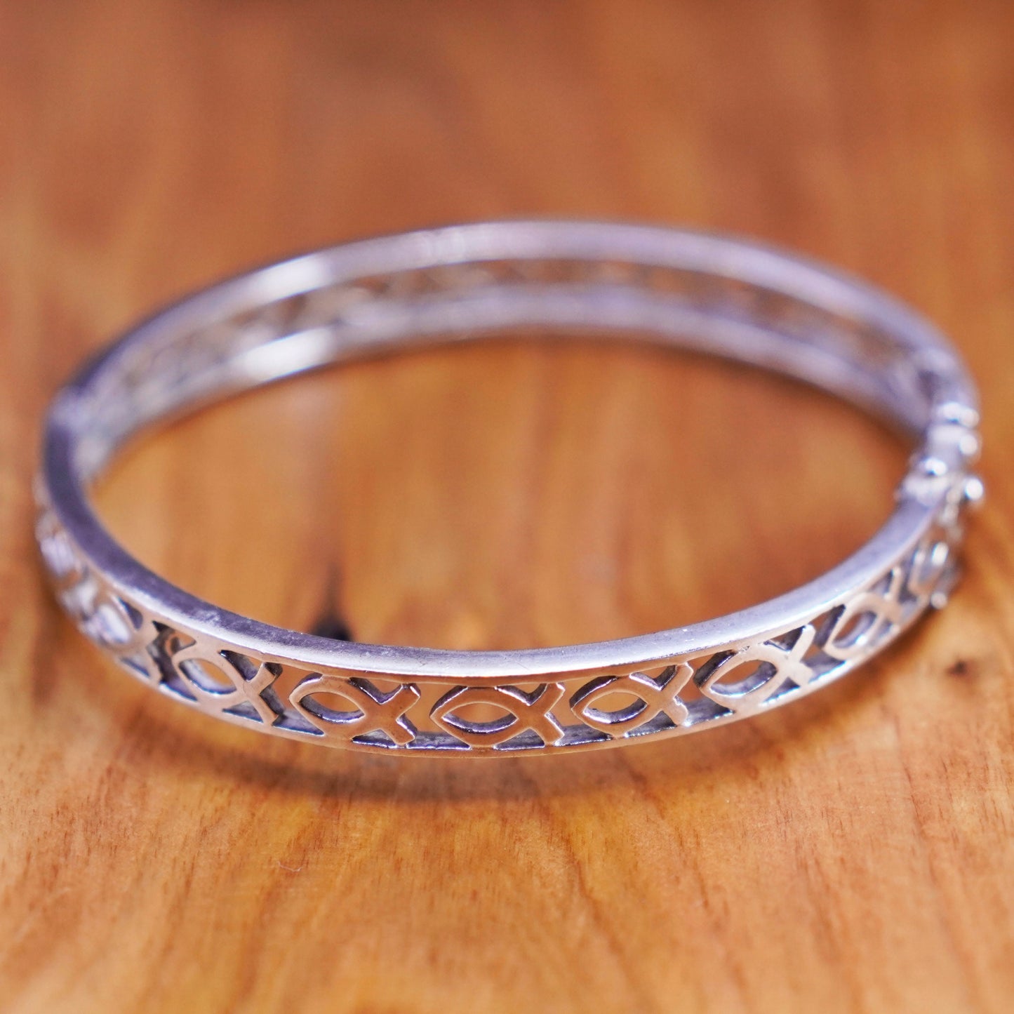 7.5”, antique sterling silver handmade bracelet, 925 hinged bangle with fish