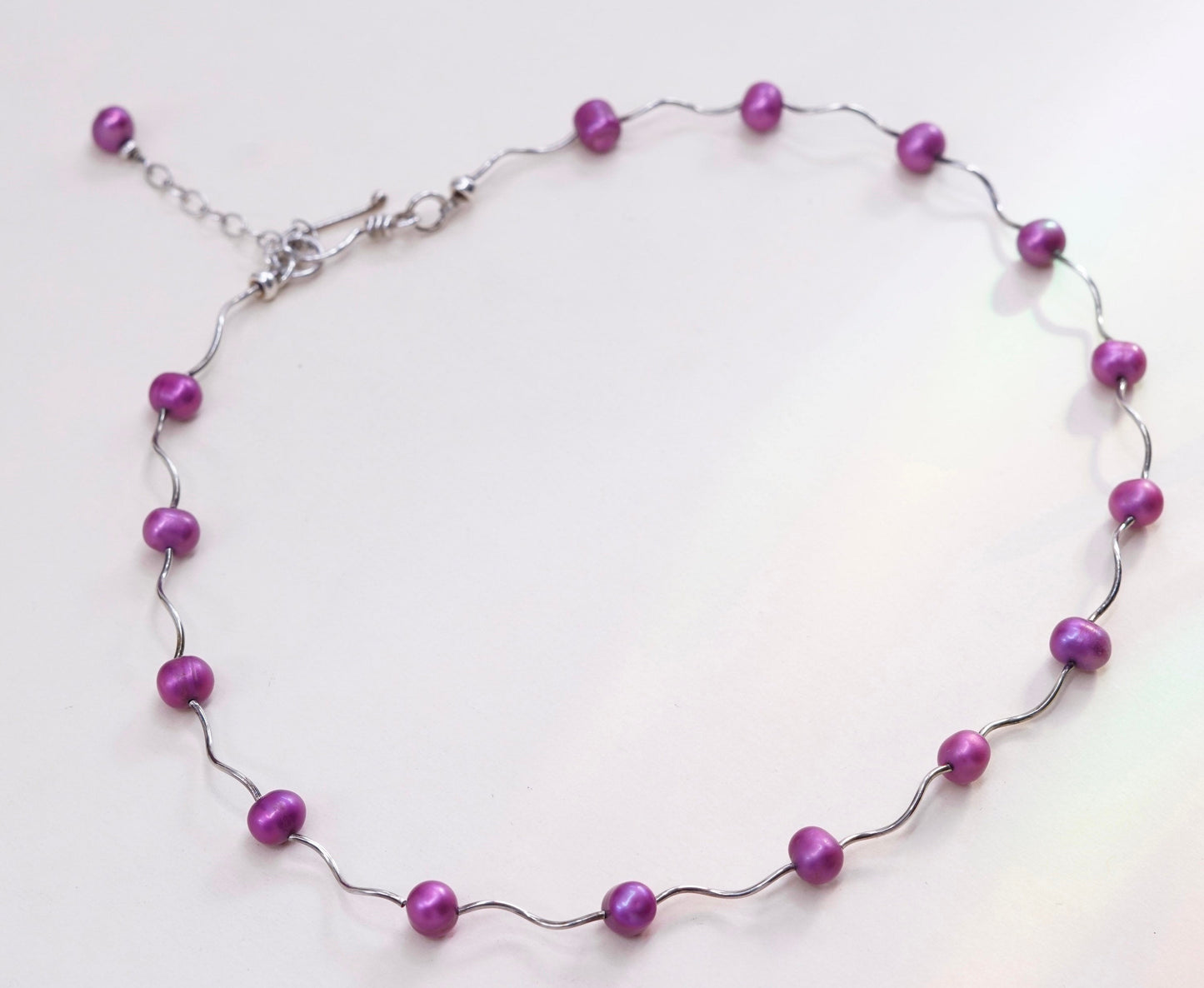 16”+2”, vtg Sterling silver handmade necklace, 925 liquid chain W/ pink pearl