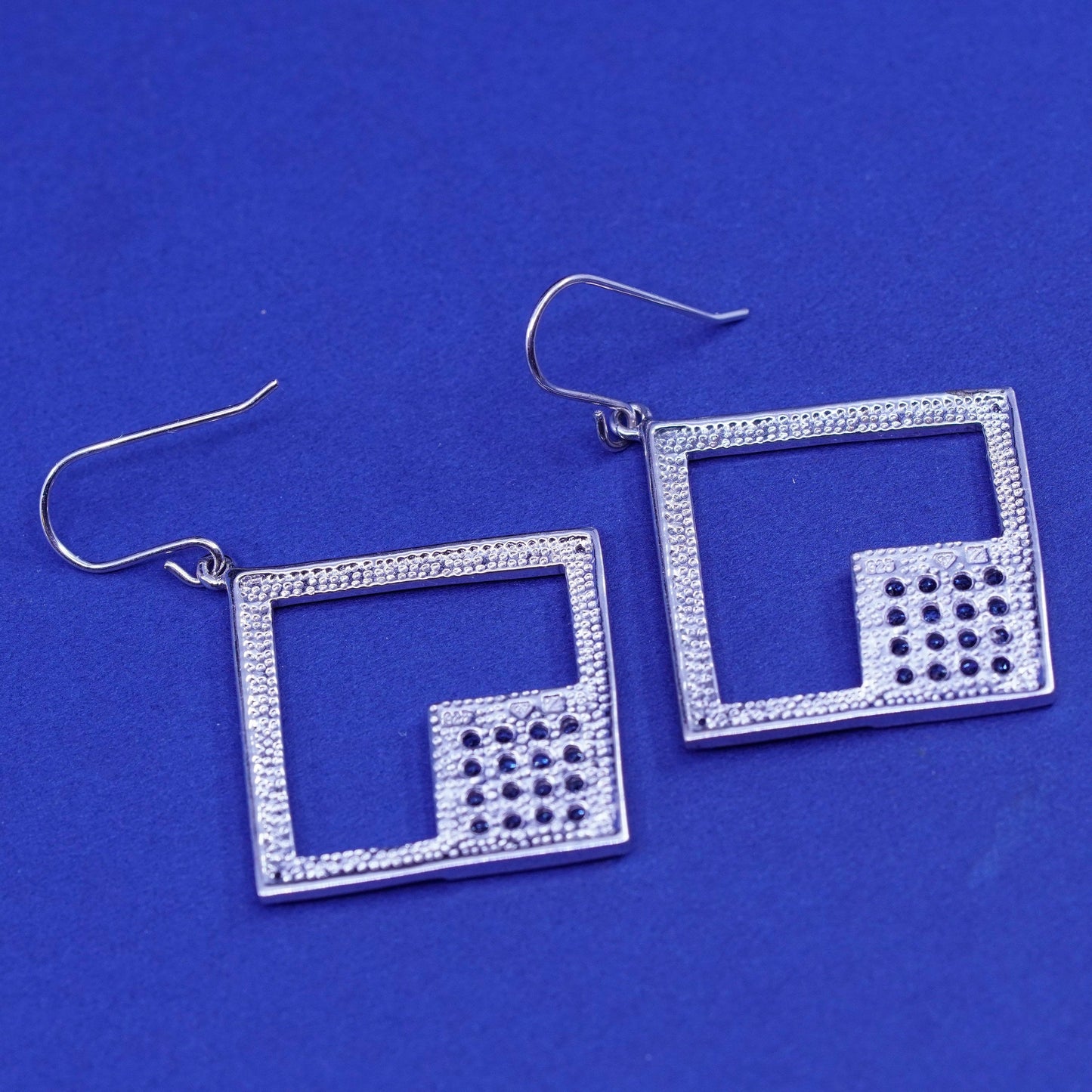 Vintage Sterling silver earrings, 925 square with cluster blue cz