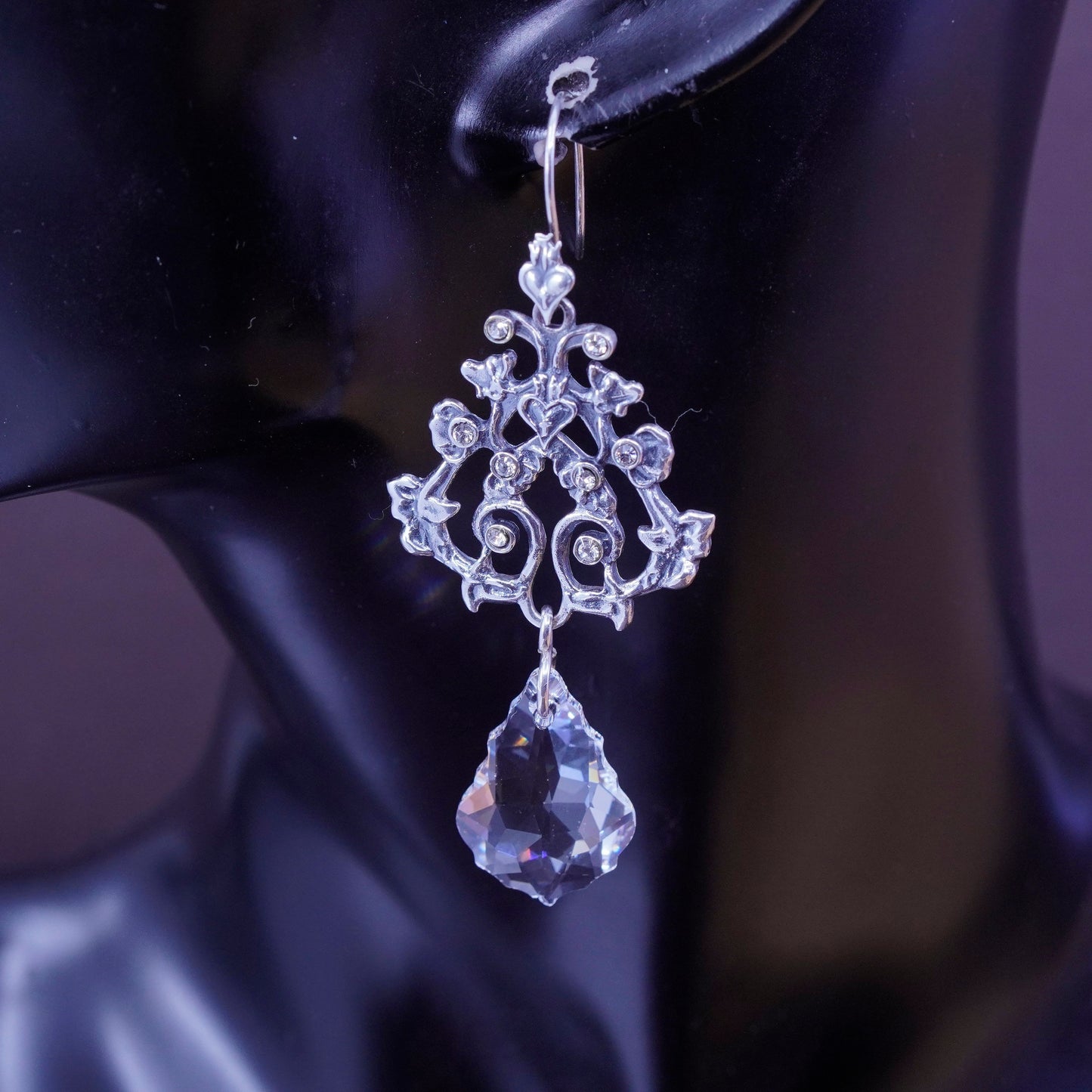 Vintage Sterling 925 silver handmade floral vine earrings with teardrop crystal