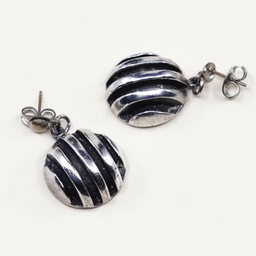 Vtg Mexico Modern Sterling Silver Handmade Earrings, 925 Silver Round Dangles